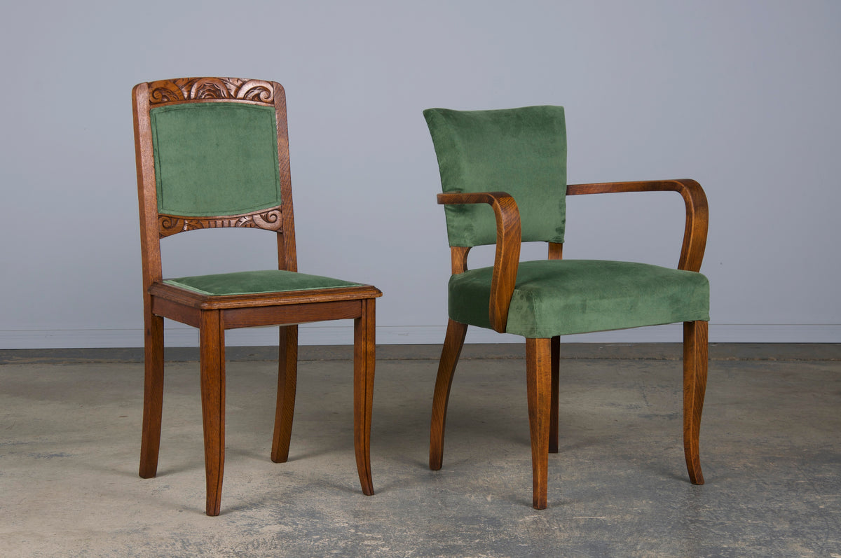 1930s French Art Deco Oak Dining Chairs W/ Green Velvet - Set of 8