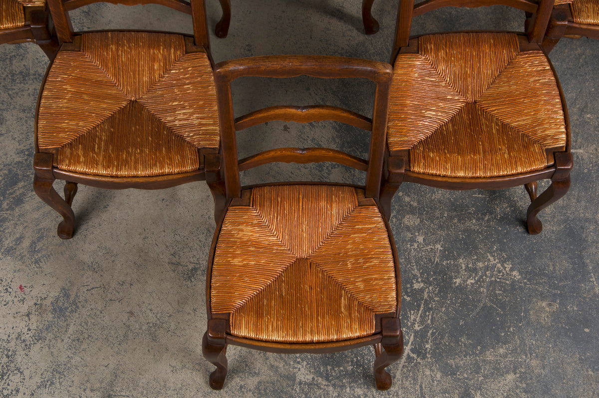 Antique Country French Provincial Ladder Back Oak Dining Chairs W/ Rush Seats - Set of 6