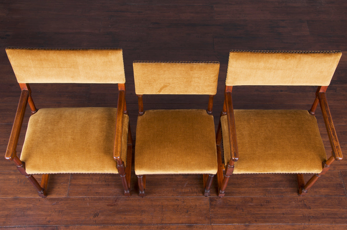 Antique Country French Provincial Walnut Dining Chairs W/ Golden Yellow Fabric - Set of 10