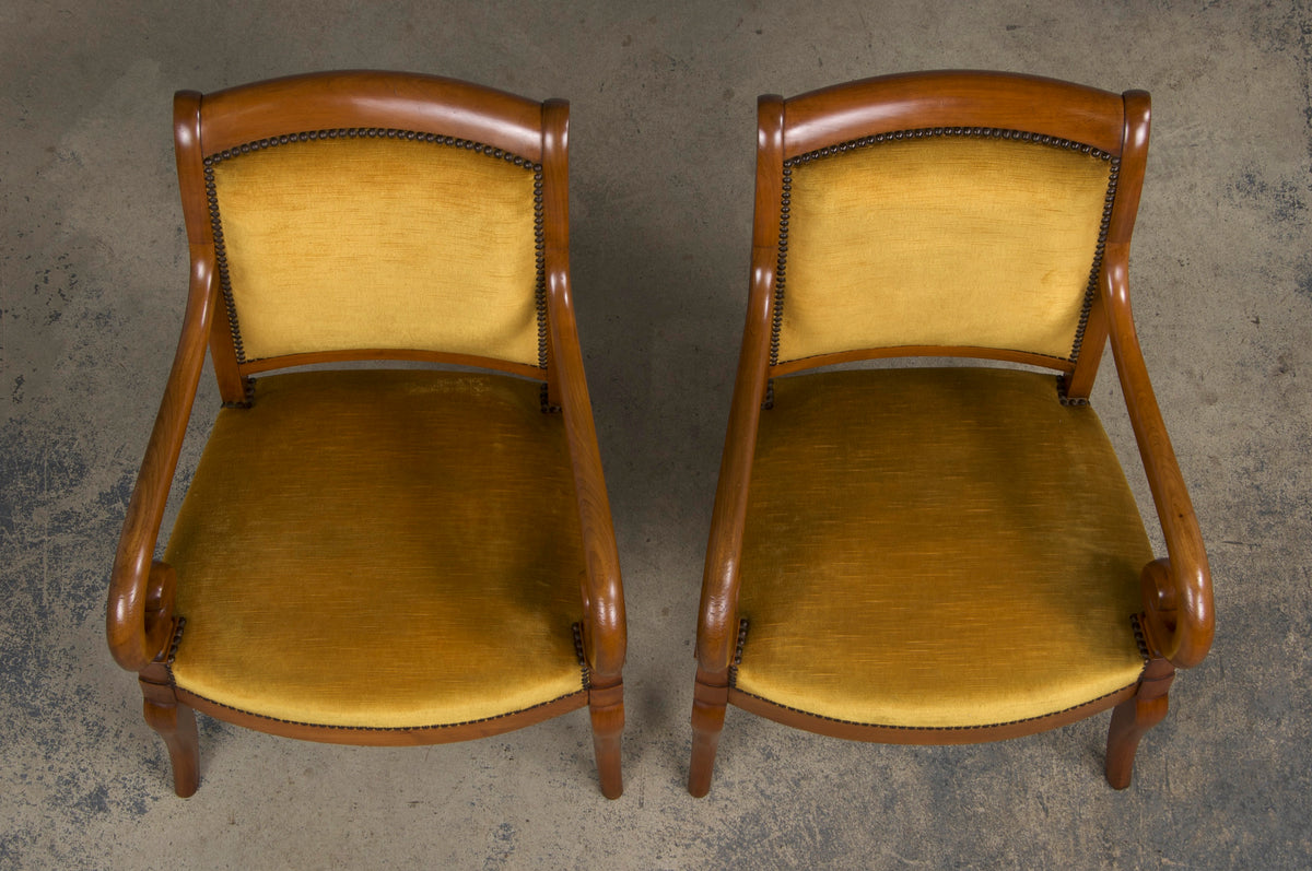 Antique French Louis Philippe Style Walnut Armchairs W/ Golden Yellow Velvet - A Pair