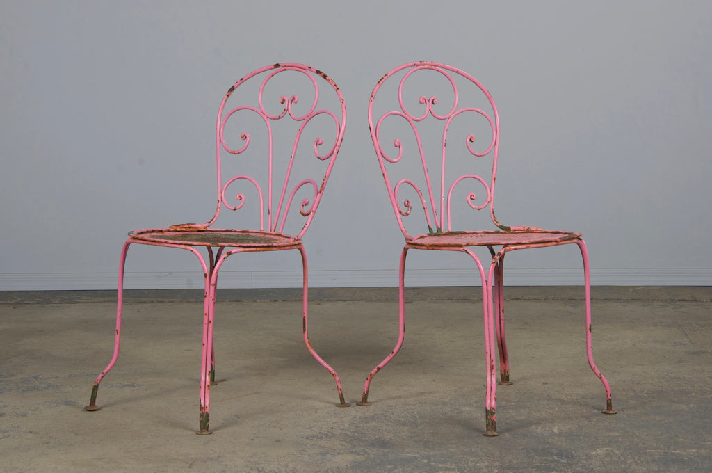 Antique French Art Nouveau Pink Wrought Iron Painted Garden Set