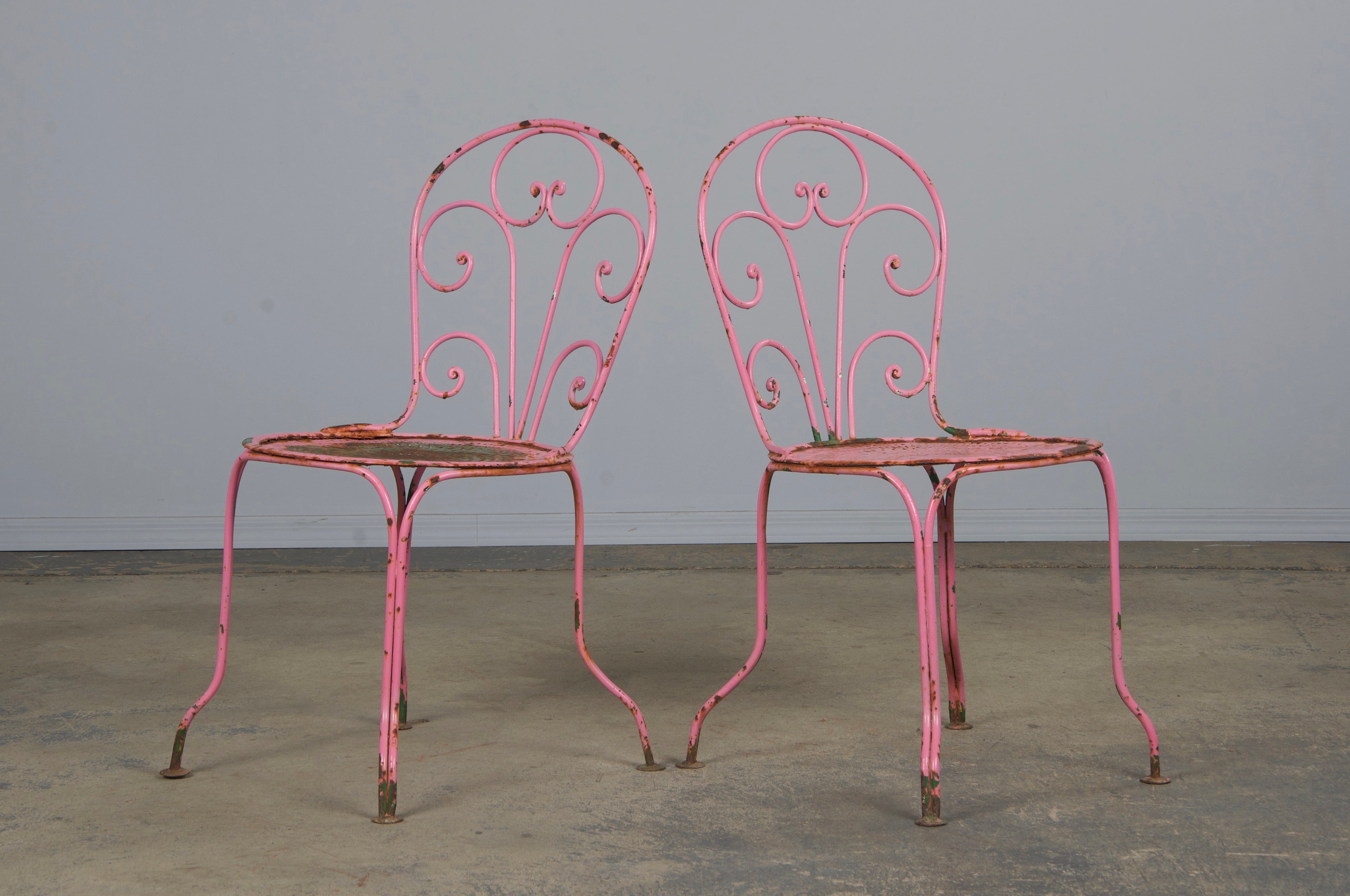 Antique French Art Nouveau Pink Wrought Iron Painted Garden Set