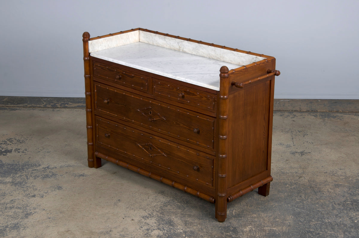 19th Century French Faux Bamboo Chest of Drawers W/ White Marble Top