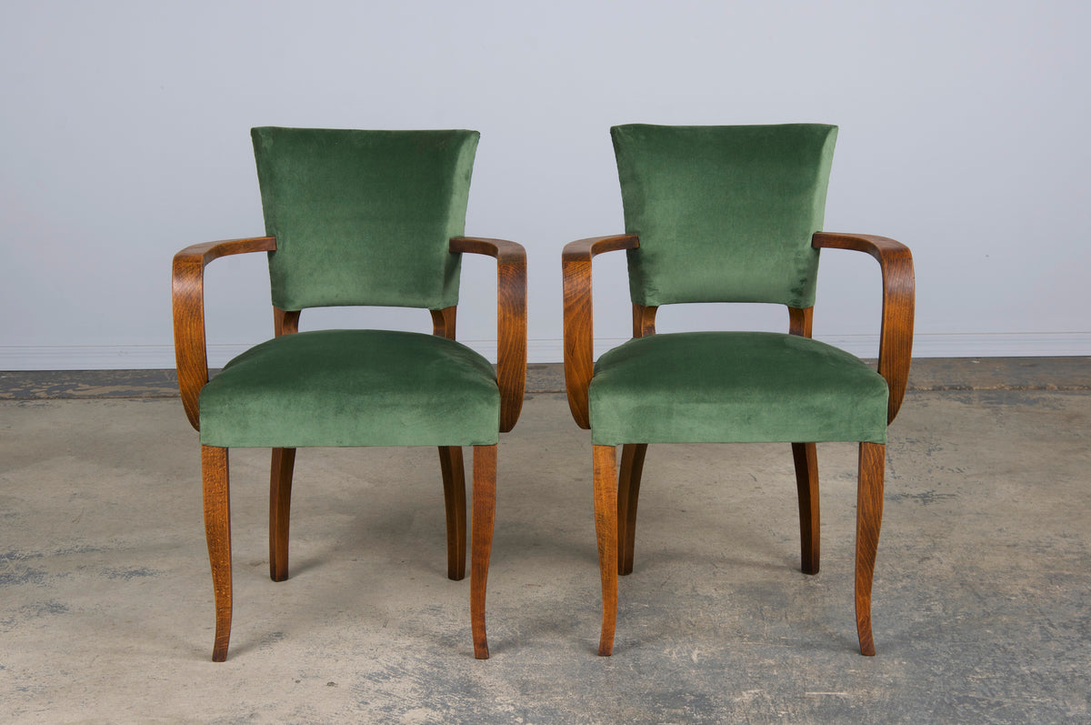 1930s French Art Deco Oak Dining Chairs W/ Green Velvet - Set of 8