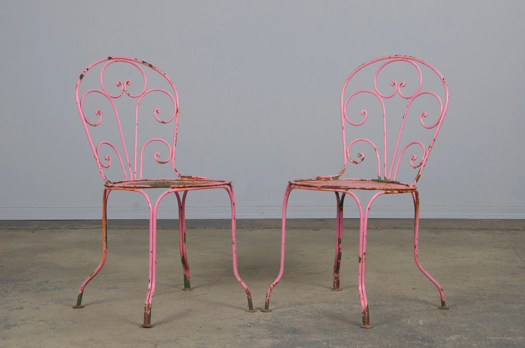 Antique French Art Nouveau Pink Wrought Iron Painted Garden Set