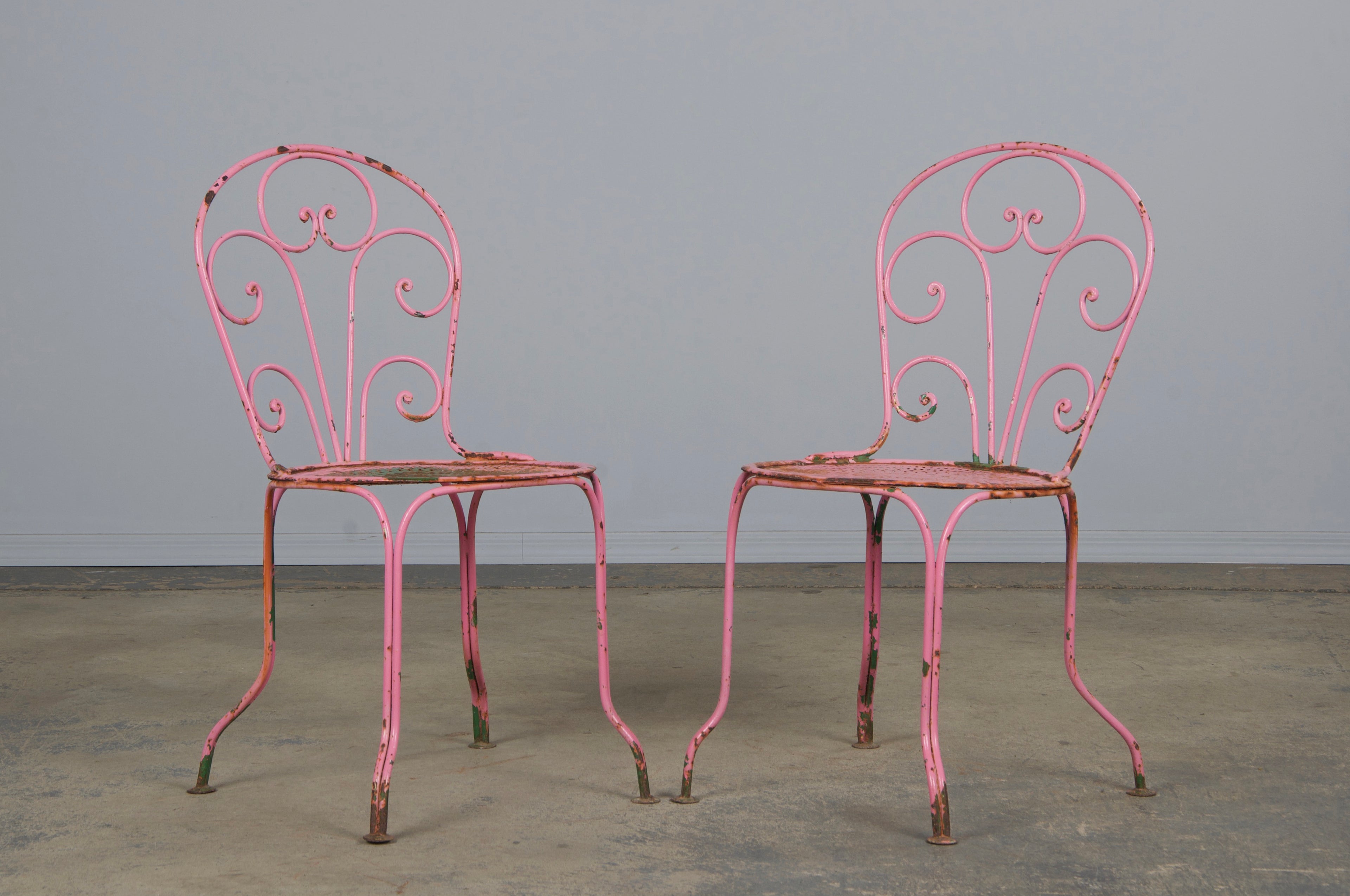 Antique French Art Nouveau Pink Wrought Iron Painted Garden Set