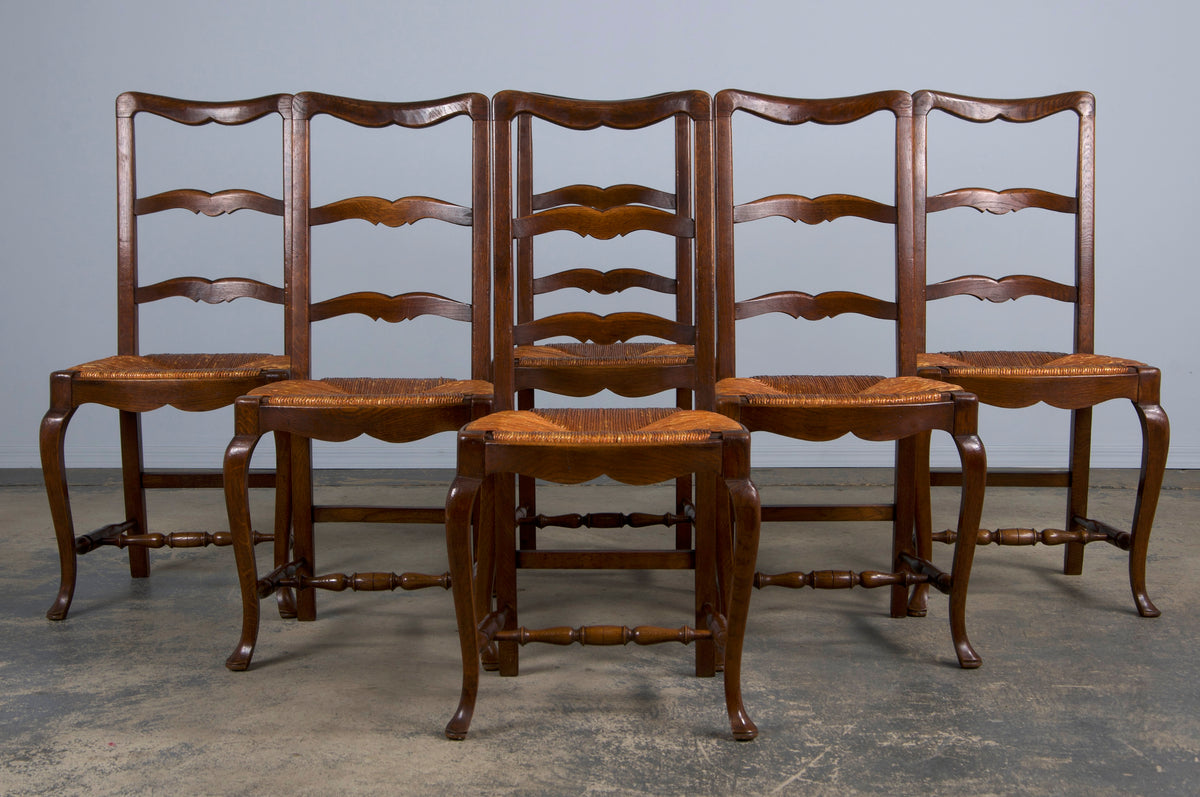 Antique Country French Provincial Ladder Back Oak Dining Chairs W/ Rush Seats - Set of 6