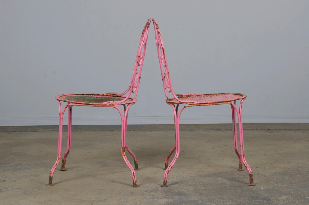 Antique French Art Nouveau Pink Wrought Iron Painted Garden Set