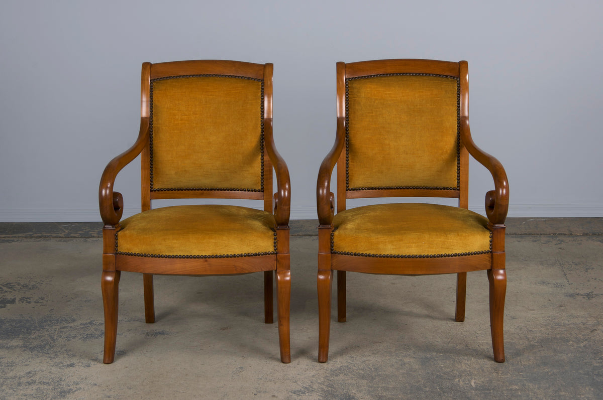 Antique French Louis Philippe Style Walnut Armchairs W/ Golden Yellow Velvet - A Pair