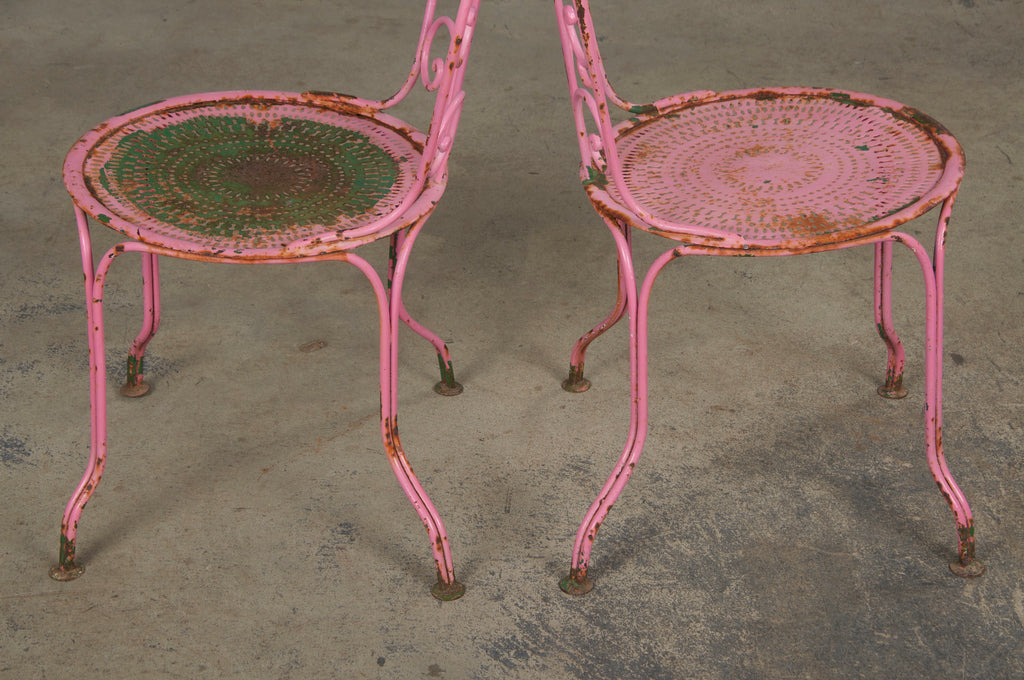 Antique French Art Nouveau Pink Wrought Iron Painted Garden Set