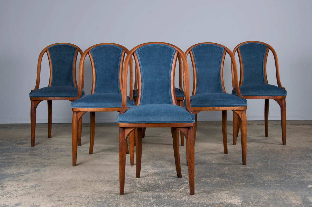 1920s Bentwood Gondola Dining Chairs W/ Blue Velvet by Thonet - Set of 6- Labeled