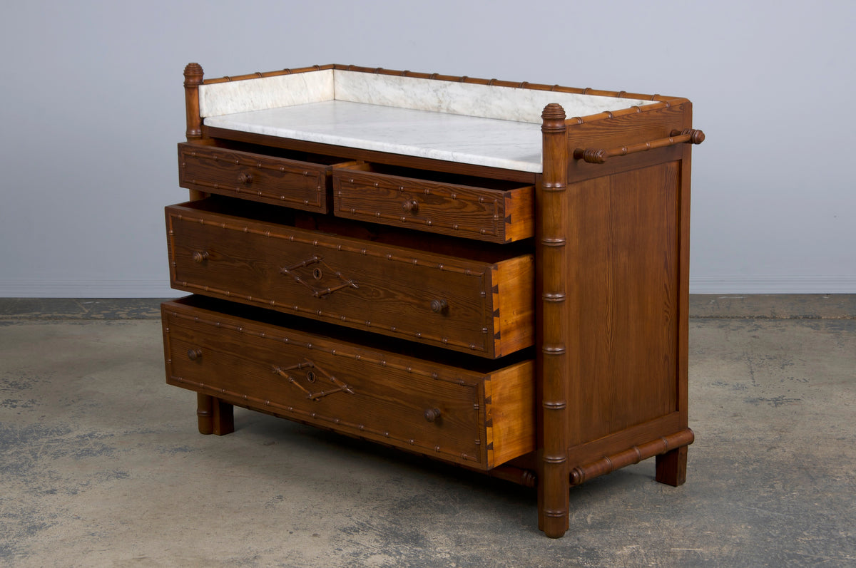 19th Century French Faux Bamboo Chest of Drawers W/ White Marble Top