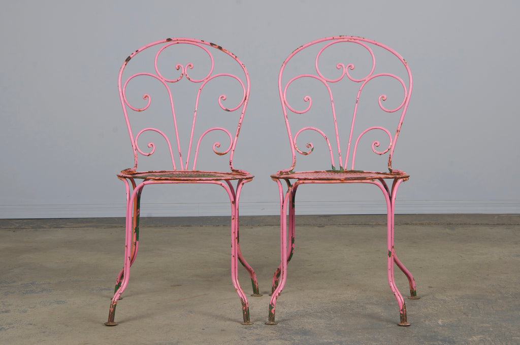 Antique French Art Nouveau Pink Wrought Iron Painted Garden Set