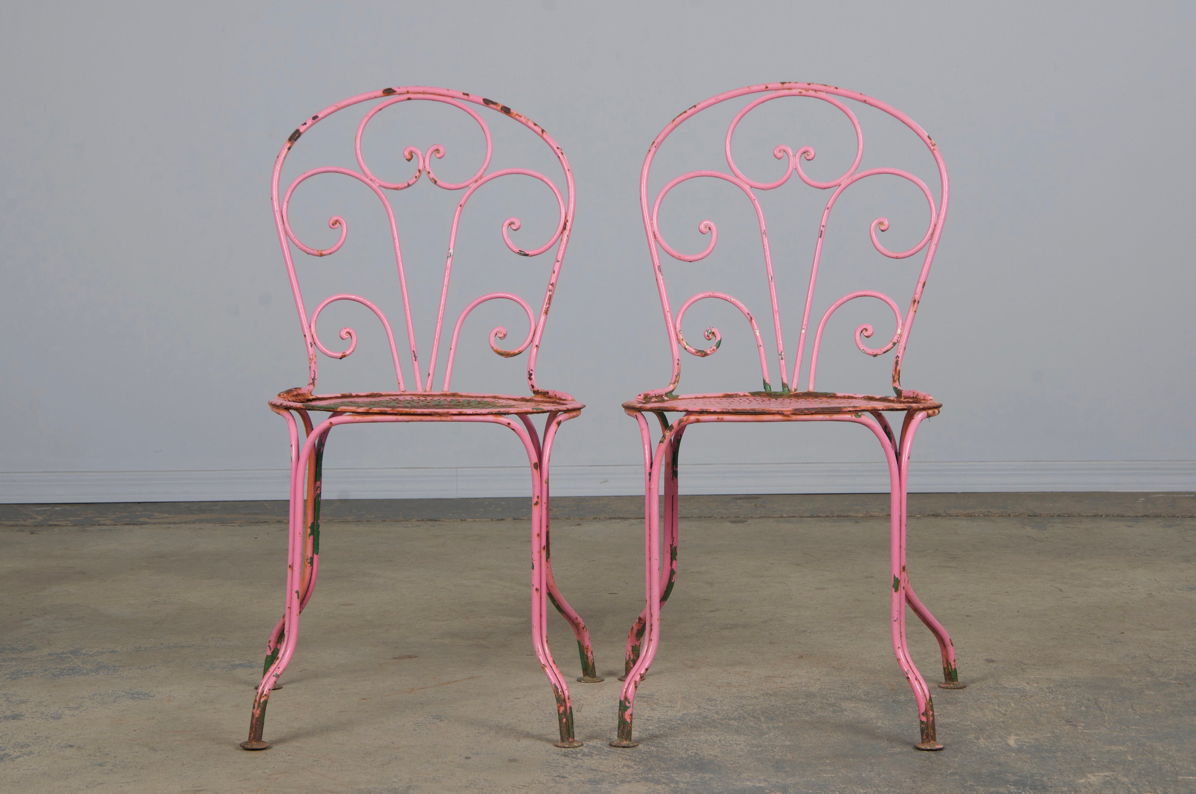 Antique French Art Nouveau Pink Wrought Iron Painted Garden Set