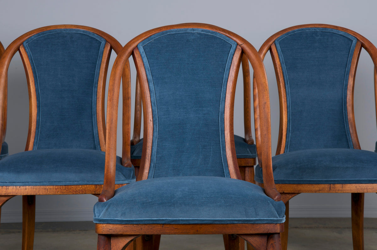 1920s Bentwood Gondola Dining Chairs W/ Blue Velvet by Thonet - Set of 6- Labeled