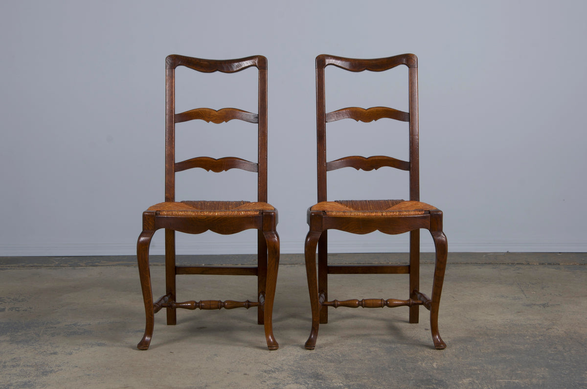 Antique Country French Provincial Ladder Back Oak Dining Chairs W/ Rush Seats - Set of 6