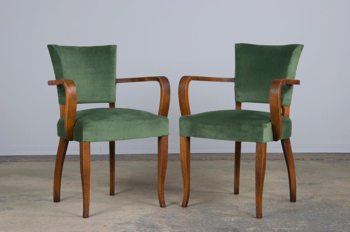 1930s French Art Deco Oak Dining Chairs W/ Green Velvet - Set of 8