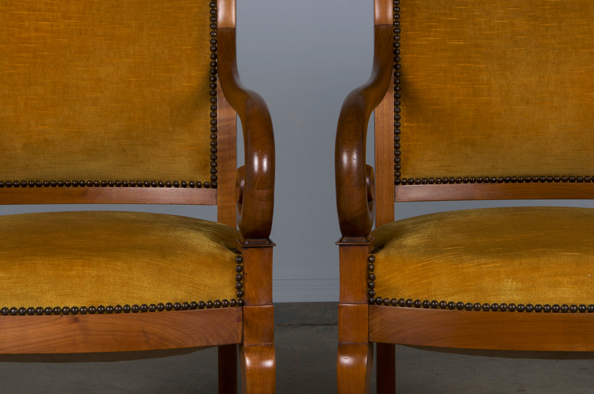 Antique French Louis Philippe Style Walnut Armchairs W/ Golden Yellow Velvet - A Pair