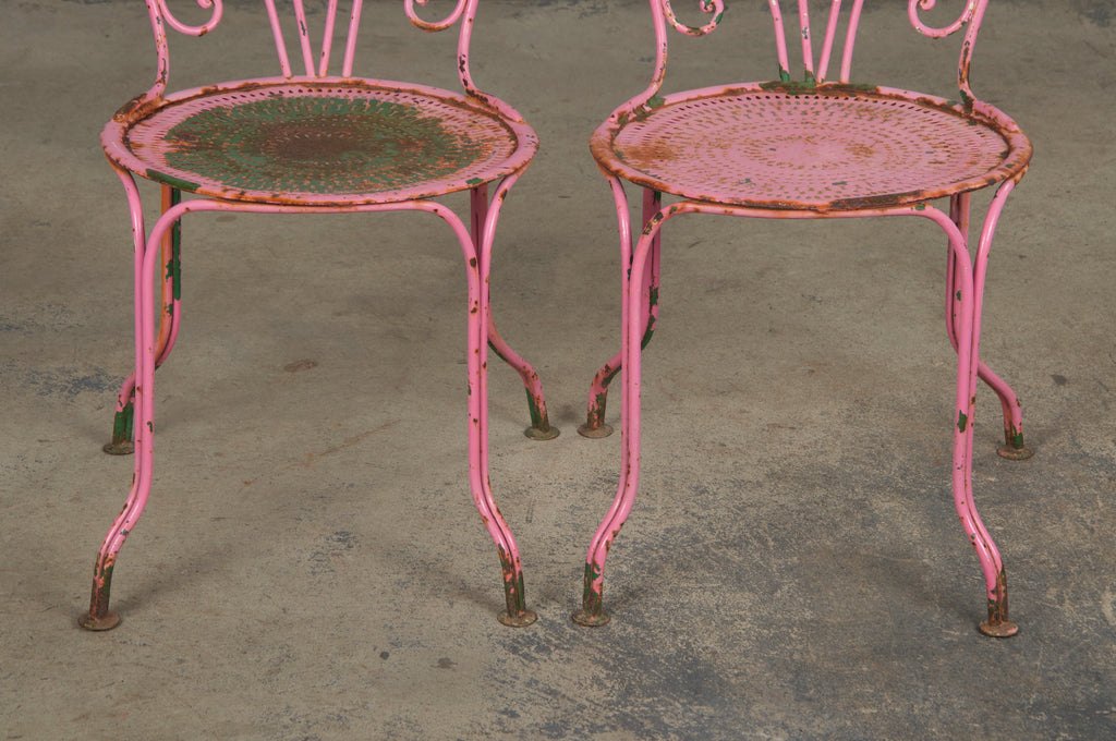 Antique French Art Nouveau Pink Wrought Iron Painted Garden Set