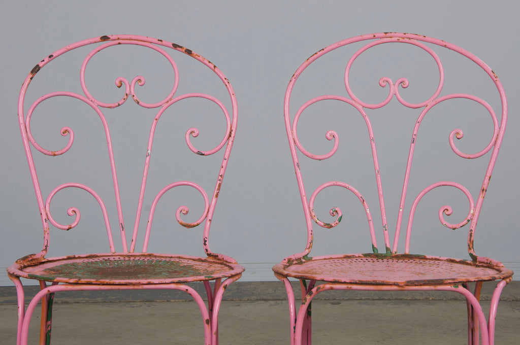 Antique French Art Nouveau Pink Wrought Iron Painted Garden Set