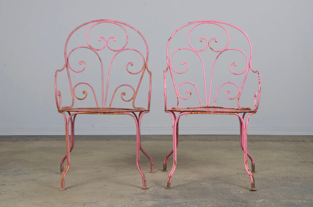 Antique French Art Nouveau Pink Wrought Iron Painted Garden Set