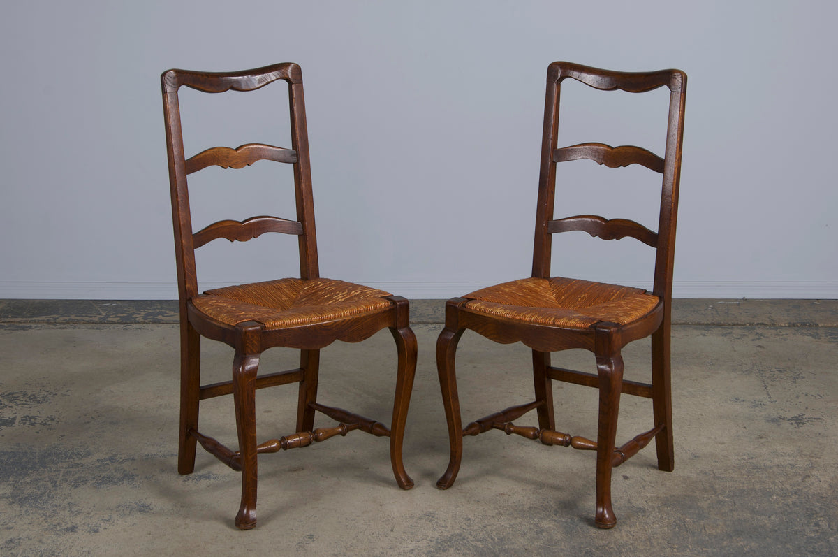 Antique Country French Provincial Ladder Back Oak Dining Chairs W/ Rush Seats - Set of 6