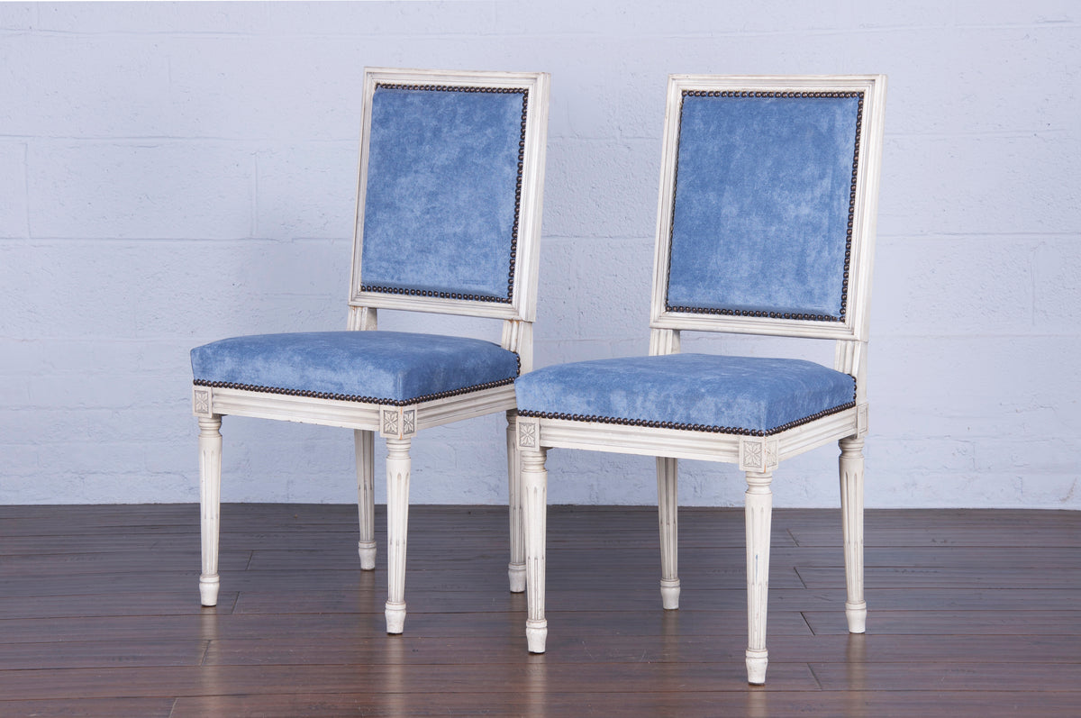 French Louis XVI Style Square Back Painted Dining Chairs W/ Blue Velvet - Set of 4