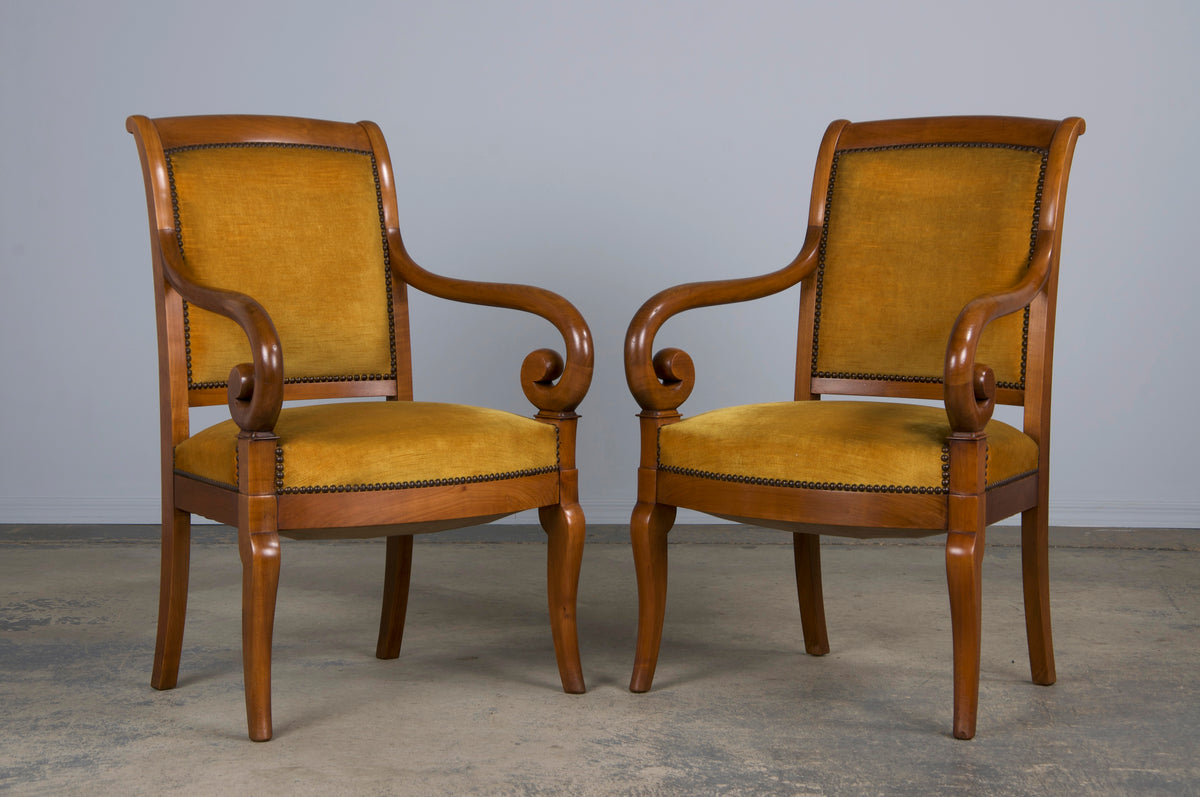 Antique French Louis Philippe Style Walnut Armchairs W/ Golden Yellow Velvet - A Pair