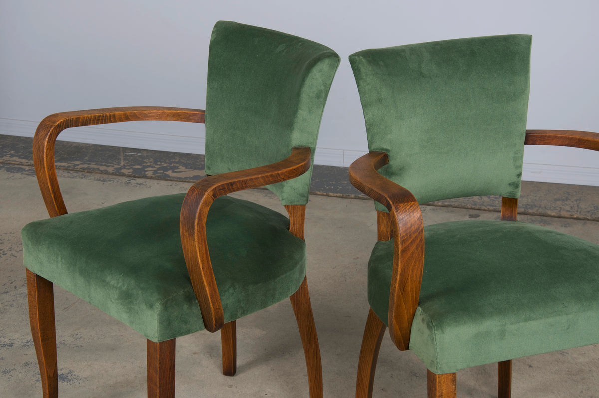 1930s French Art Deco Oak Dining Chairs W/ Green Velvet - Set of 8