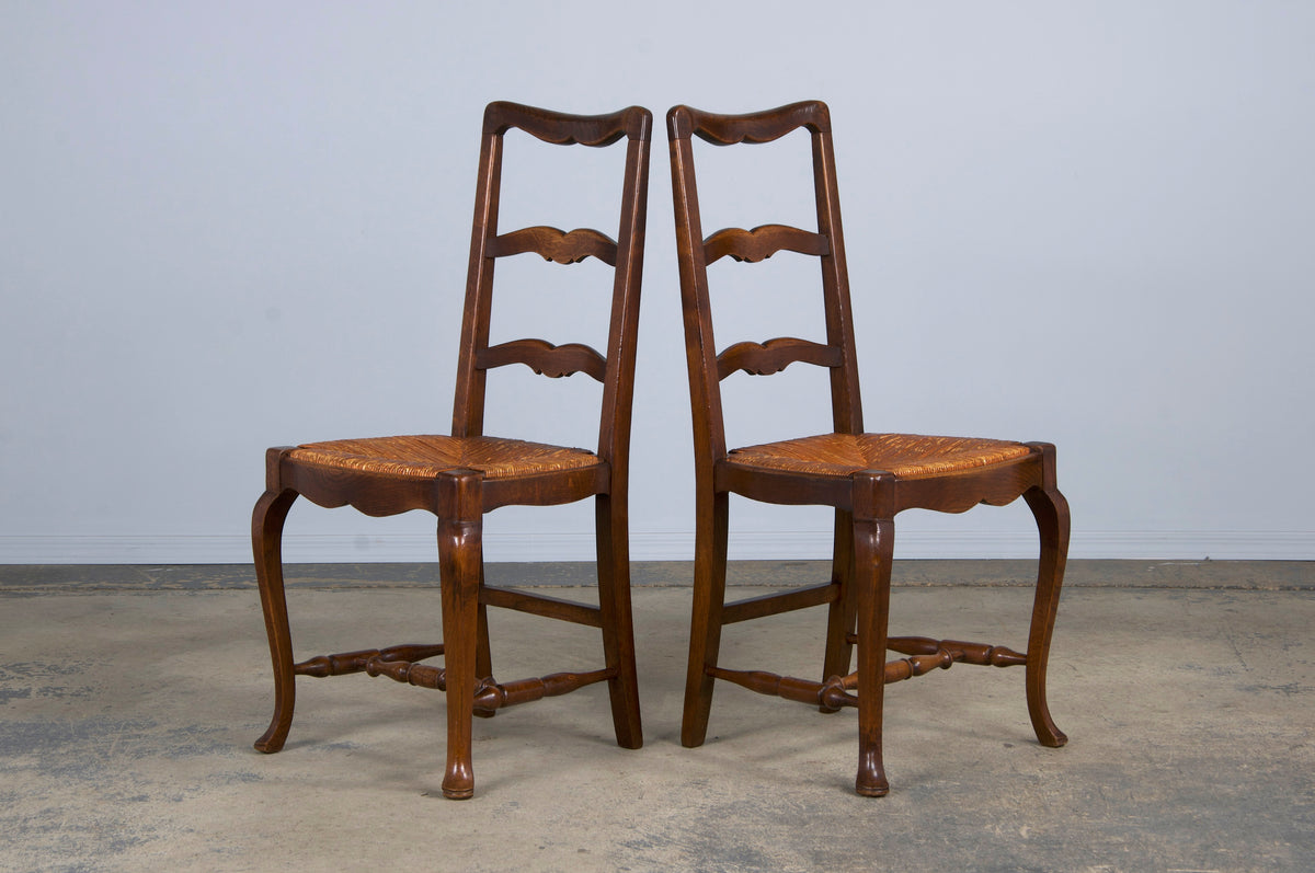 Antique Country French Provincial Ladder Back Oak Dining Chairs W/ Rush Seats - Set of 6