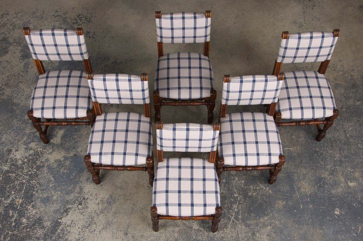 Antique French Louis XIII Style Oak Dining Chairs W/ Plaid Fabric - Set of 6