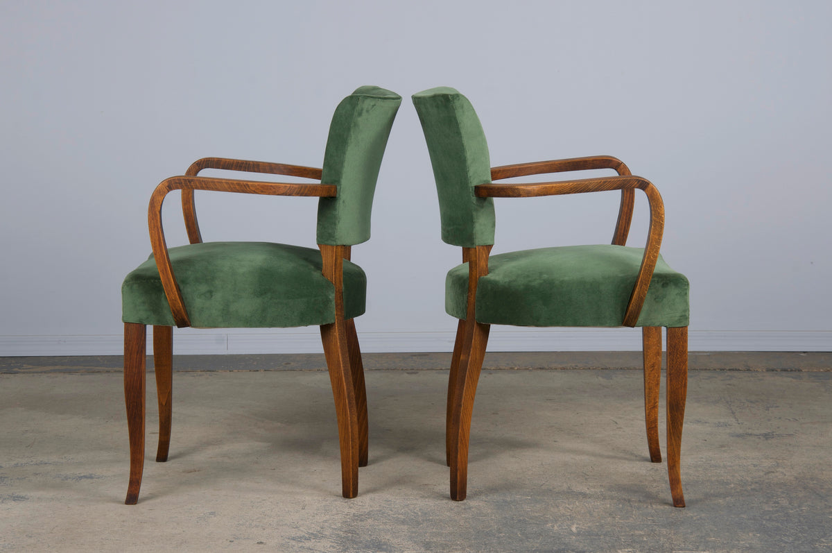 1930s French Art Deco Oak Dining Chairs W/ Green Velvet - Set of 8