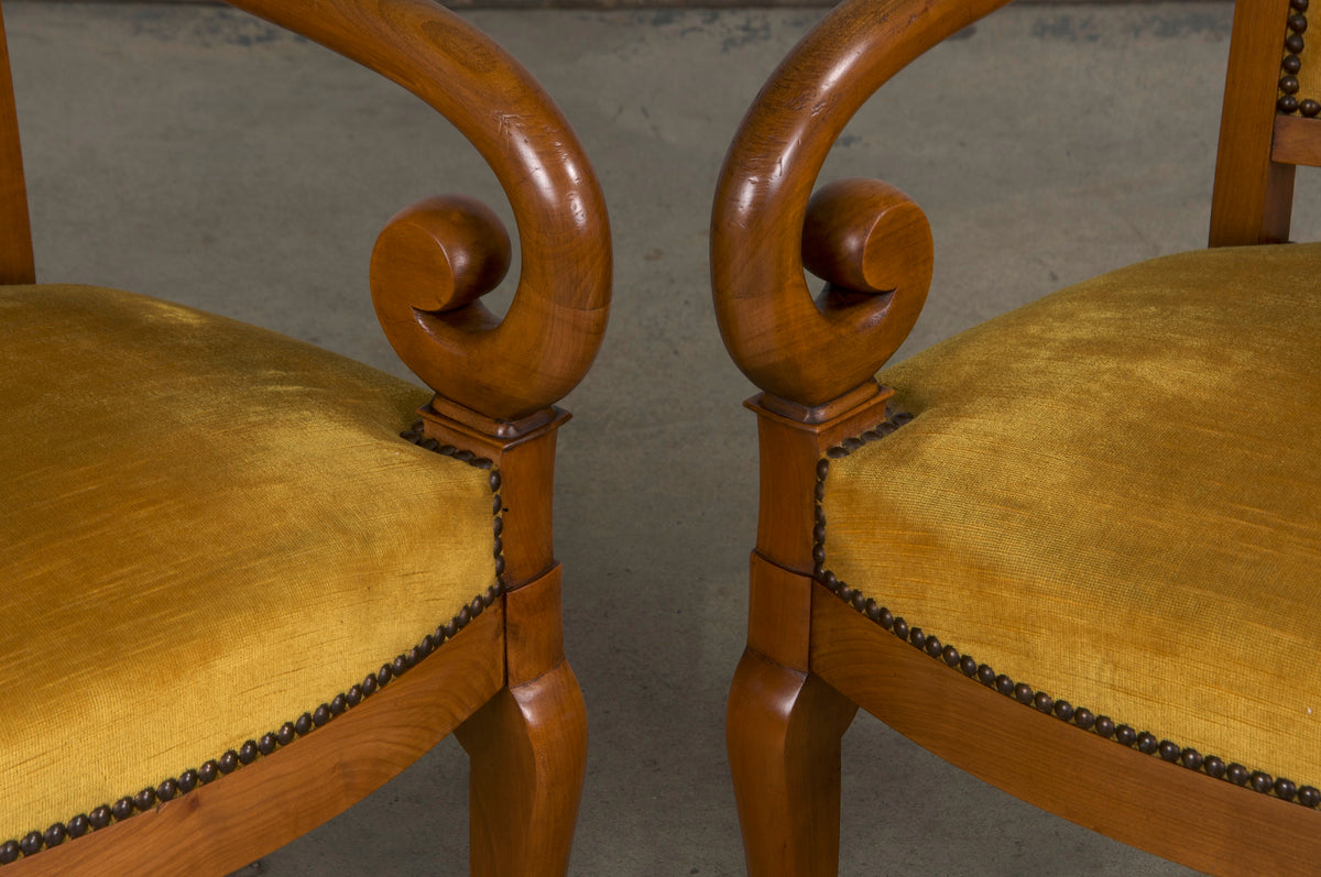 Antique French Louis Philippe Style Walnut Armchairs W/ Golden Yellow Velvet - A Pair