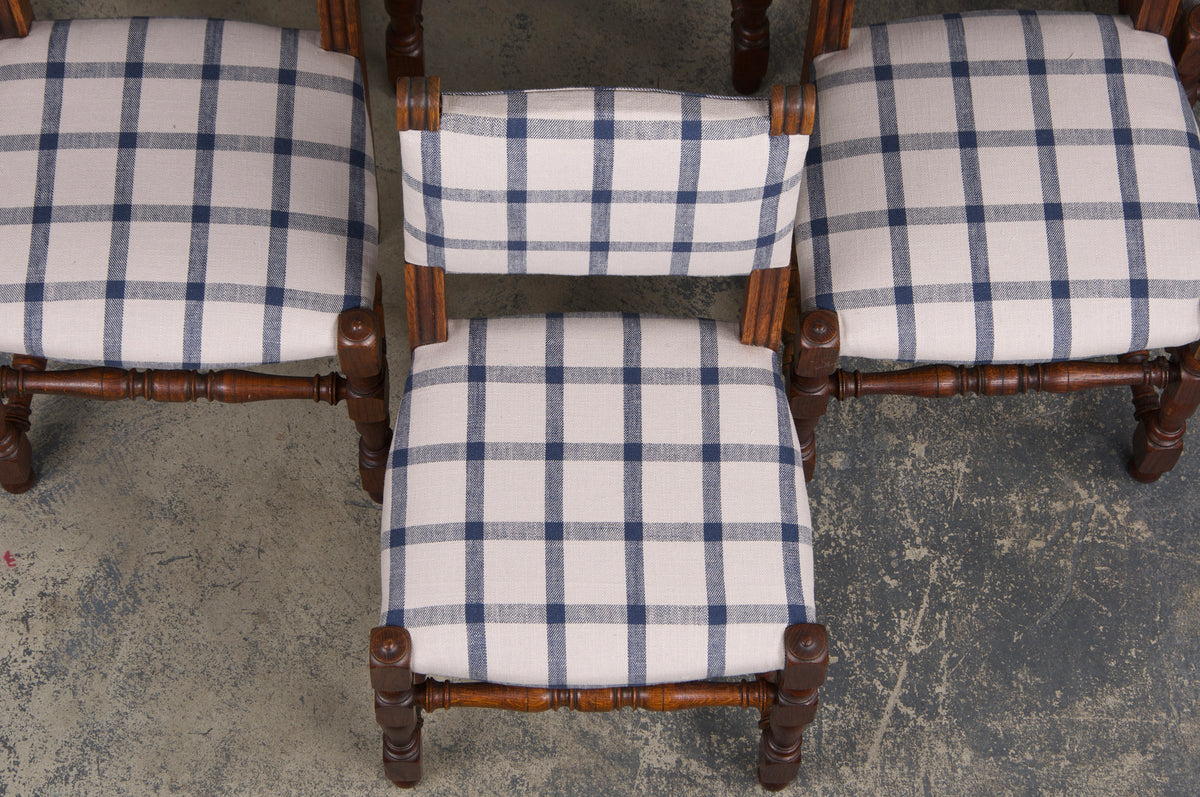 Antique French Louis XIII Style Oak Dining Chairs W/ Plaid Fabric - Set of 6