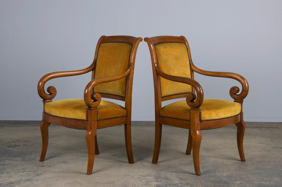 Antique French Louis Philippe Style Walnut Armchairs W/ Golden Yellow Velvet - A Pair