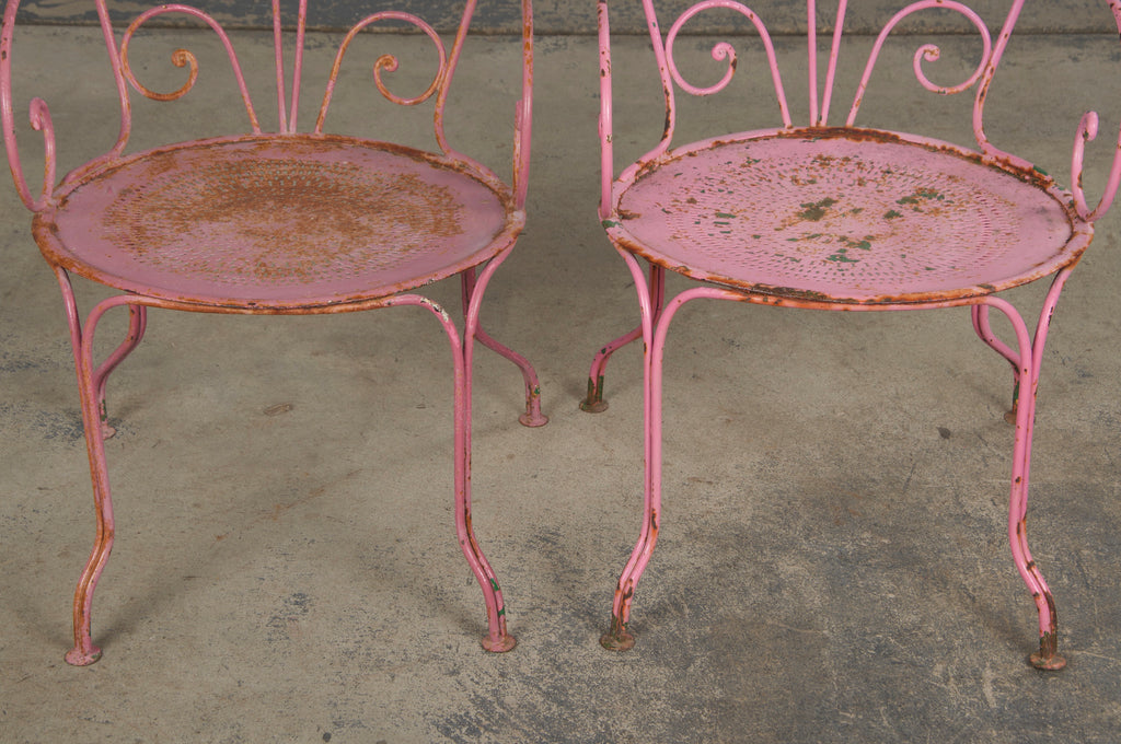 Antique French Art Nouveau Pink Wrought Iron Painted Garden Set