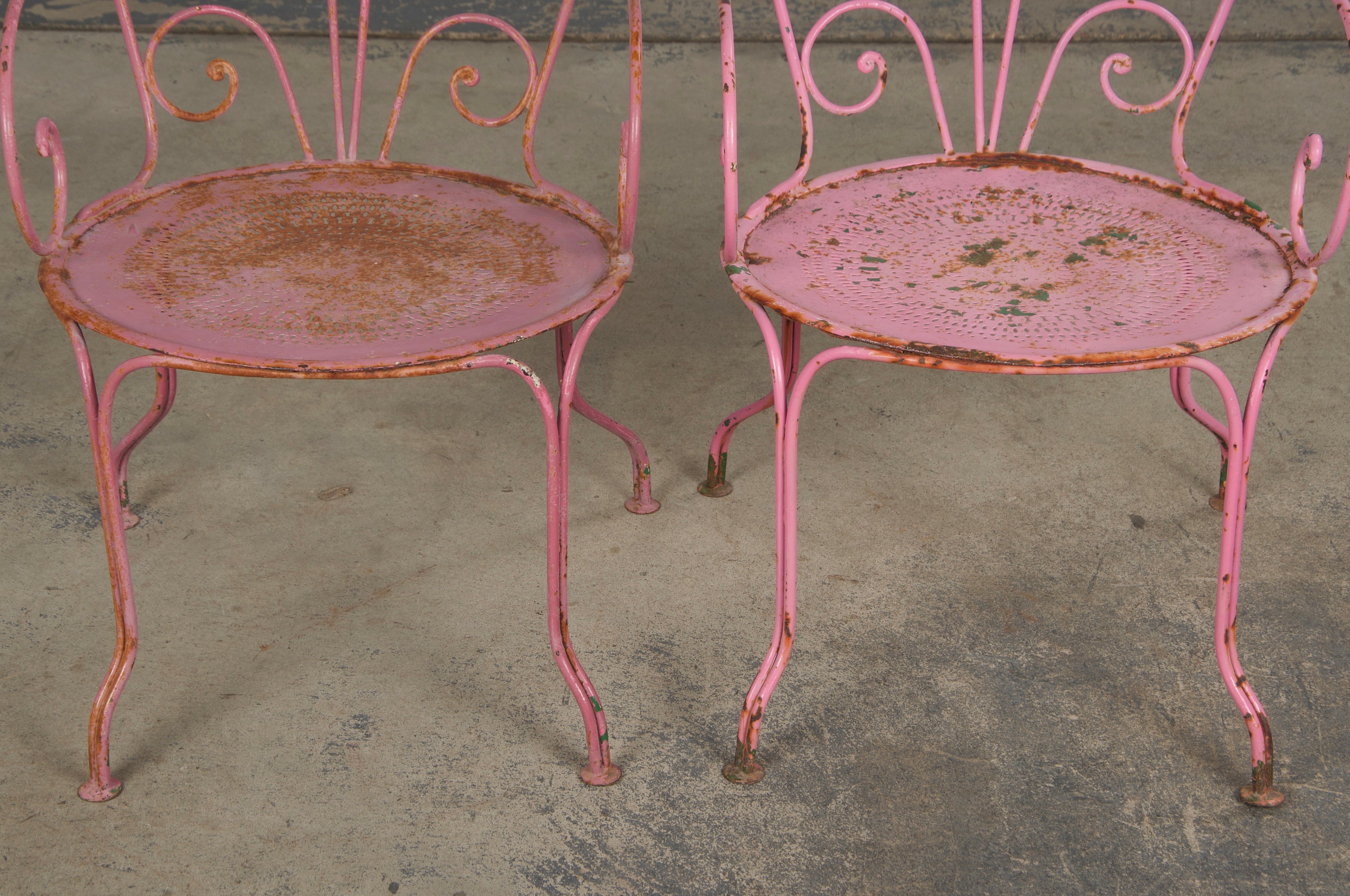 Antique French Art Nouveau Pink Wrought Iron Painted Garden Set
