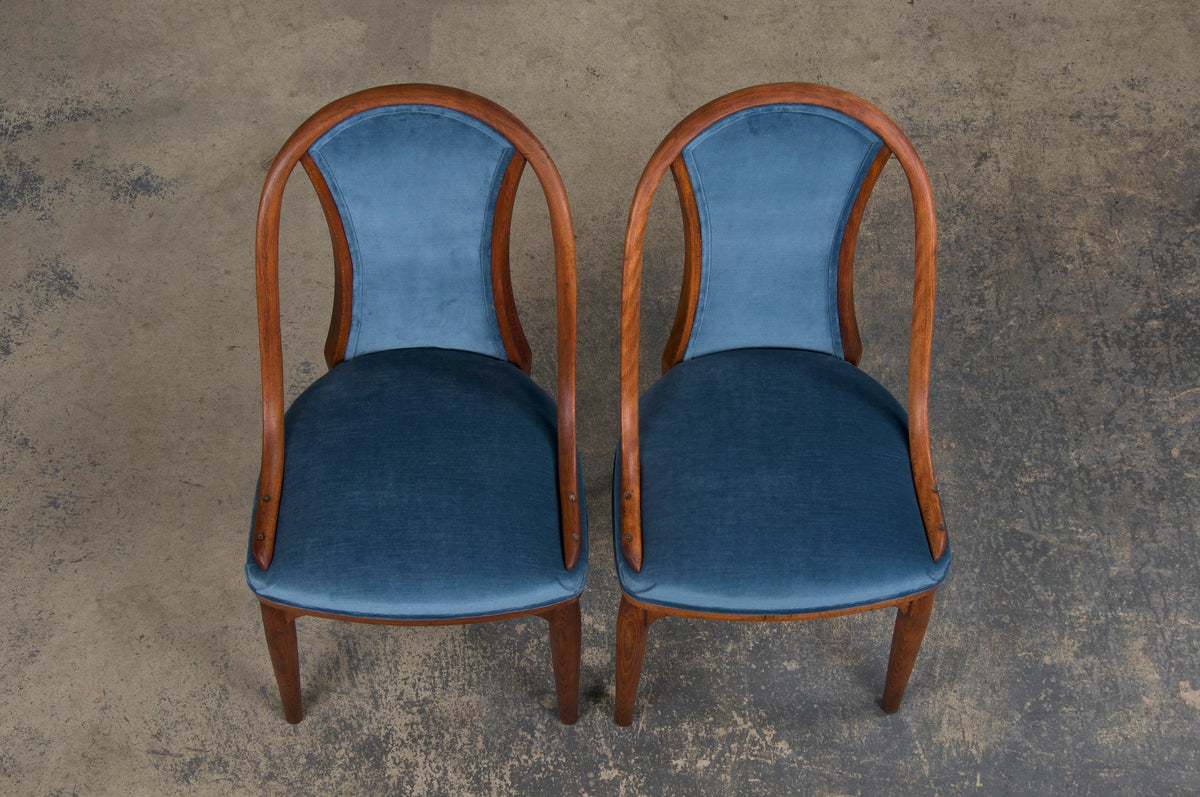 1920s Bentwood Gondola Dining Chairs W/ Blue Velvet by Thonet - Set of 6- Labeled