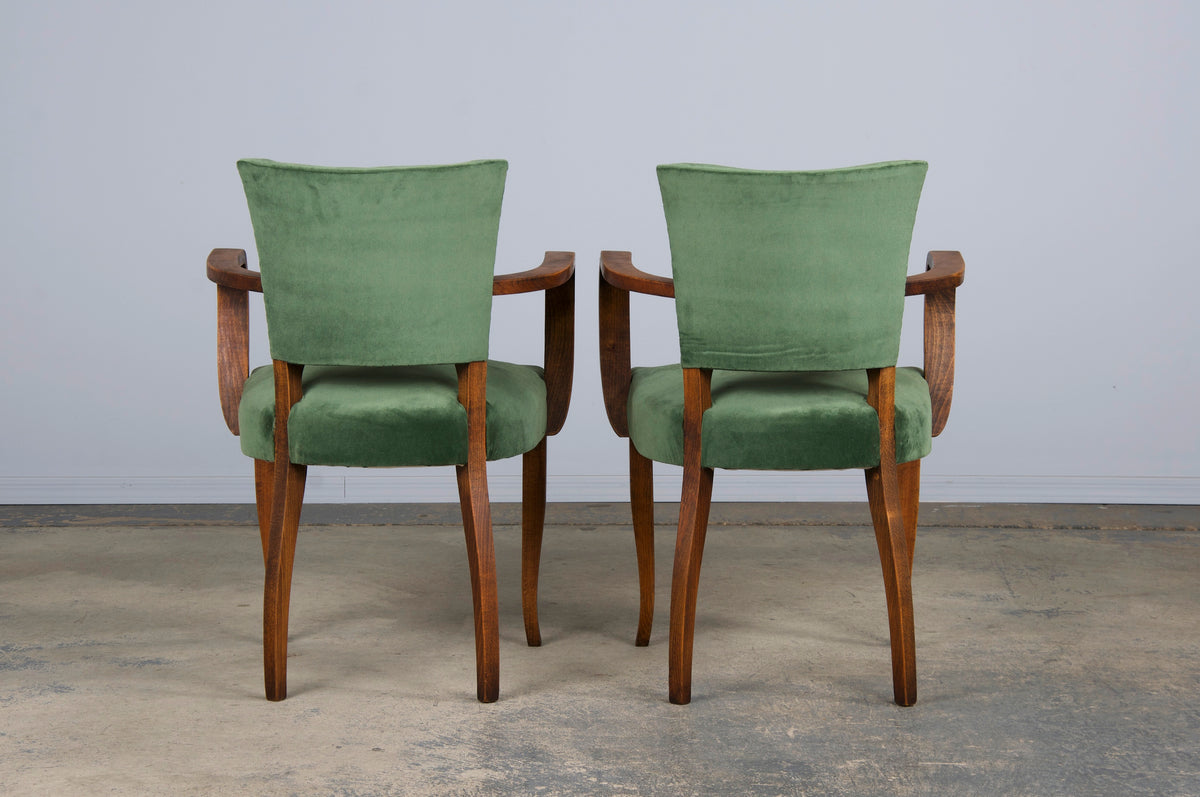 1930s French Art Deco Oak Dining Chairs W/ Green Velvet - Set of 8