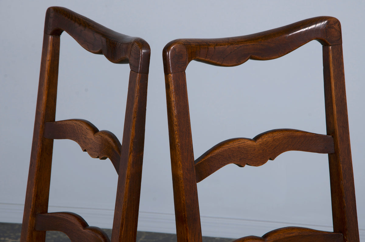 Antique Country French Provincial Ladder Back Oak Dining Chairs W/ Rush Seats - Set of 6