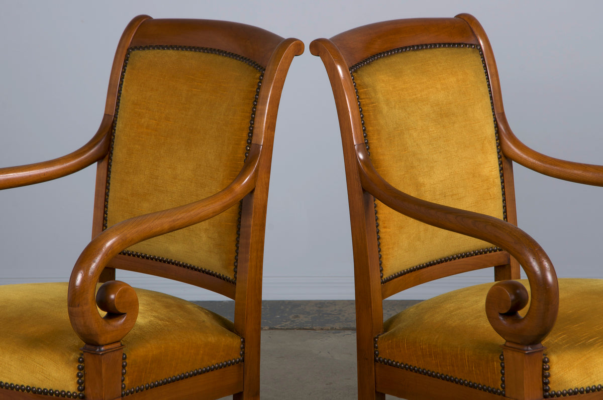 Antique French Louis Philippe Style Walnut Armchairs W/ Golden Yellow Velvet - A Pair