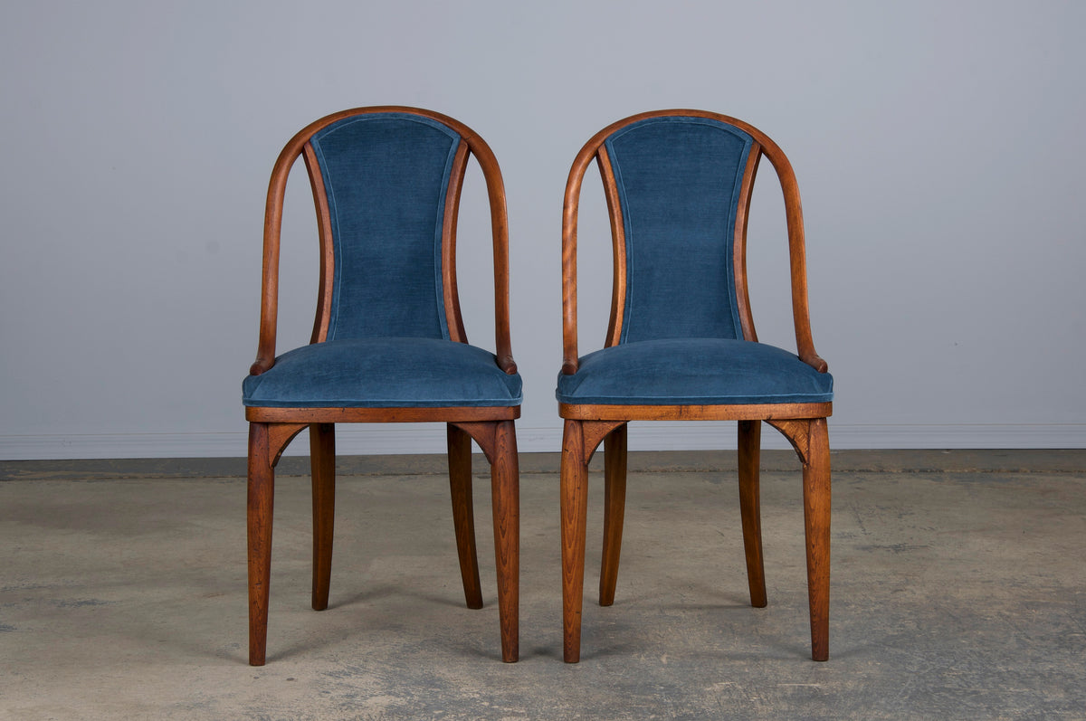 1920s Bentwood Gondola Dining Chairs W/ Blue Velvet by Thonet - Set of 6- Labeled