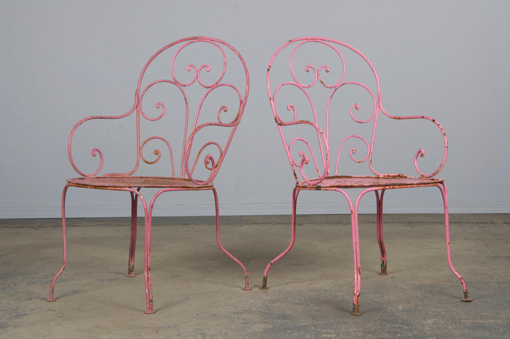 Antique French Art Nouveau Pink Wrought Iron Painted Garden Set