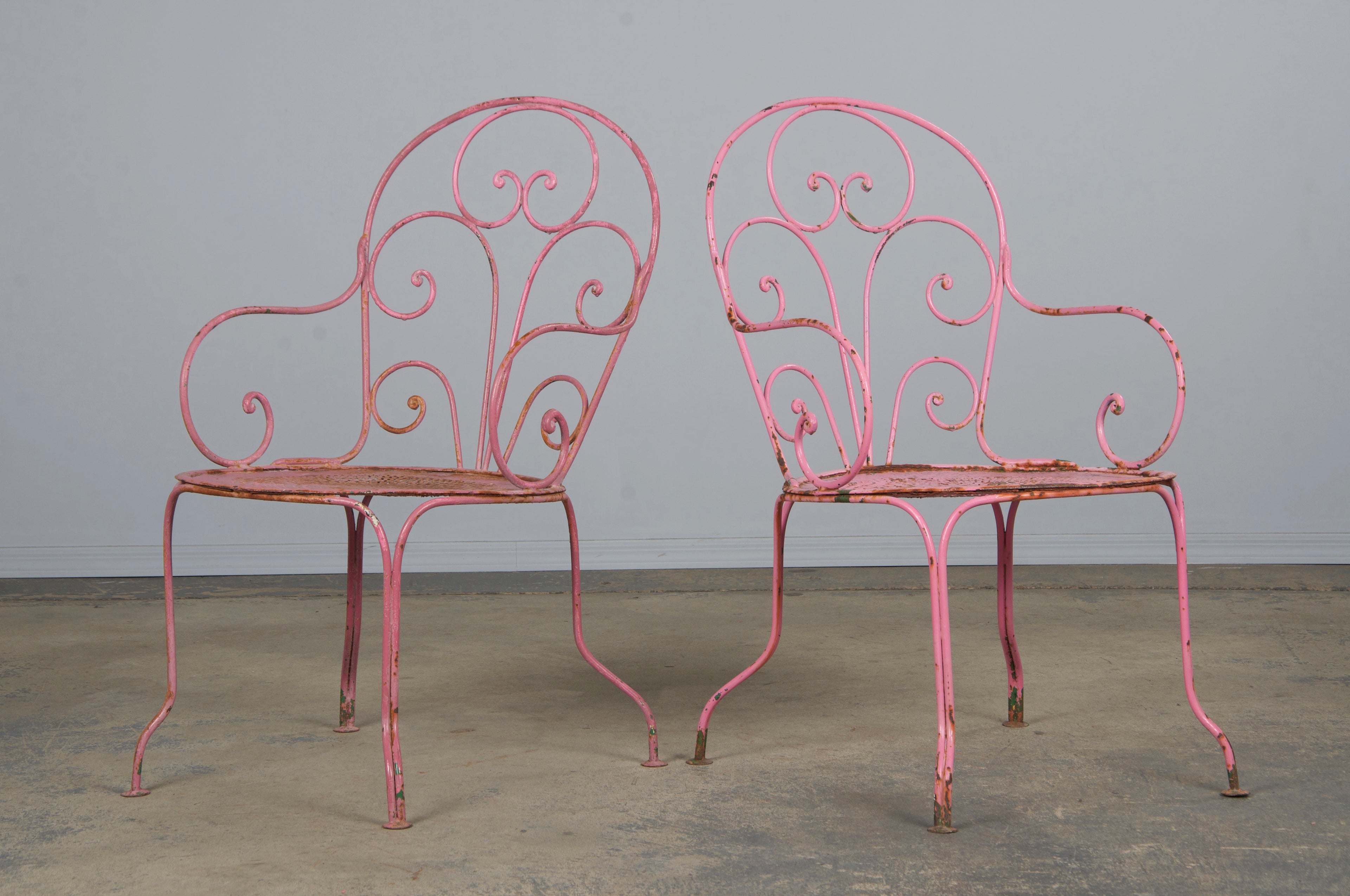 Antique French Art Nouveau Pink Wrought Iron Painted Garden Set