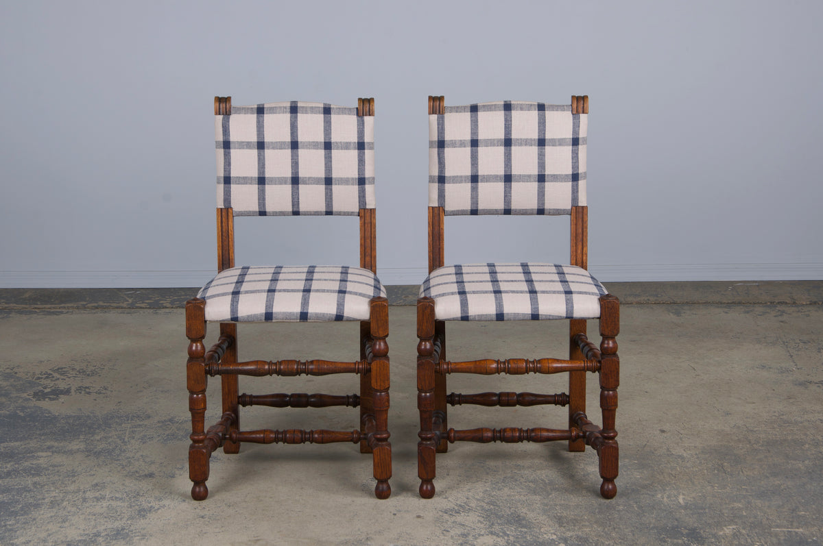 Antique French Louis XIII Style Oak Dining Chairs W/ Plaid Fabric - Set of 6