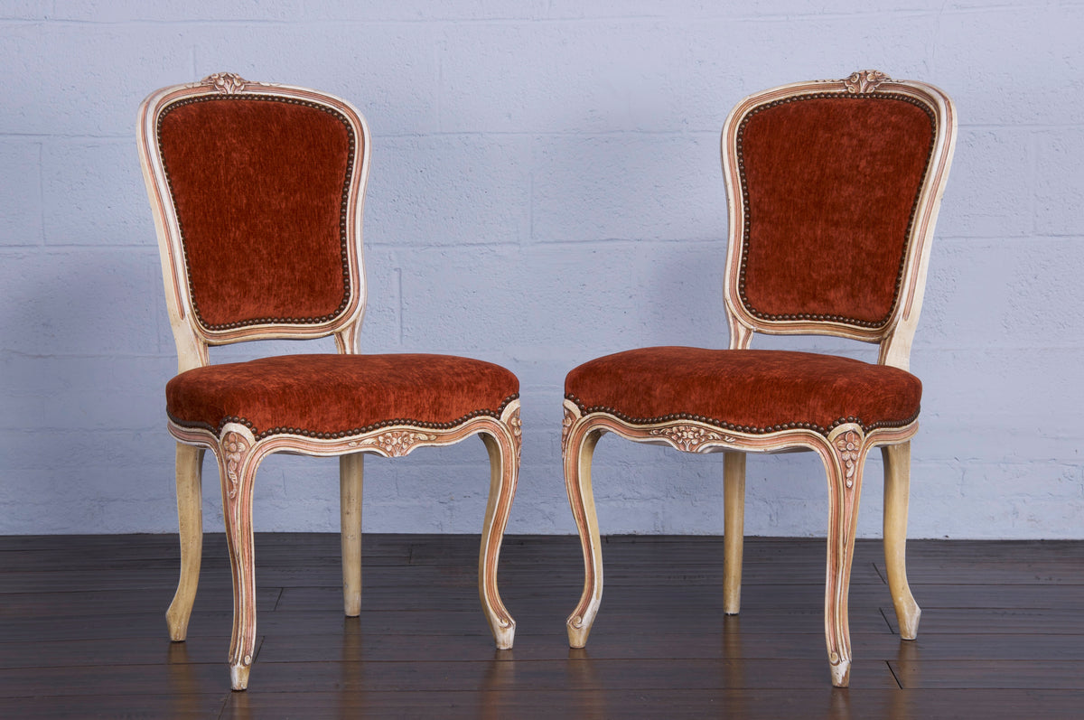 Antique French Louis XV Style Painted Dining Chairs W/ Burnt Orange Fabric - Set of 6