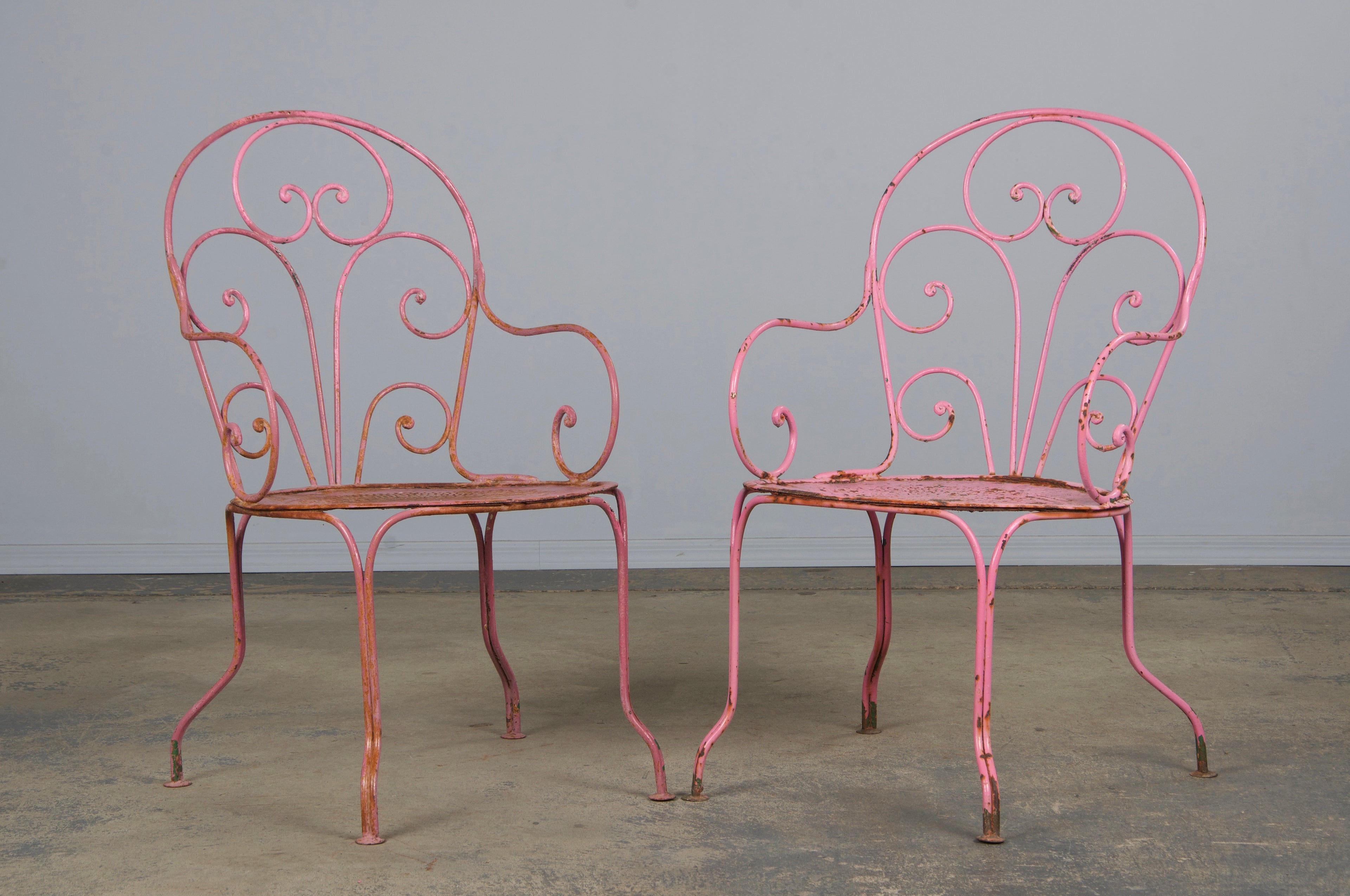 Antique French Art Nouveau Pink Wrought Iron Painted Garden Set