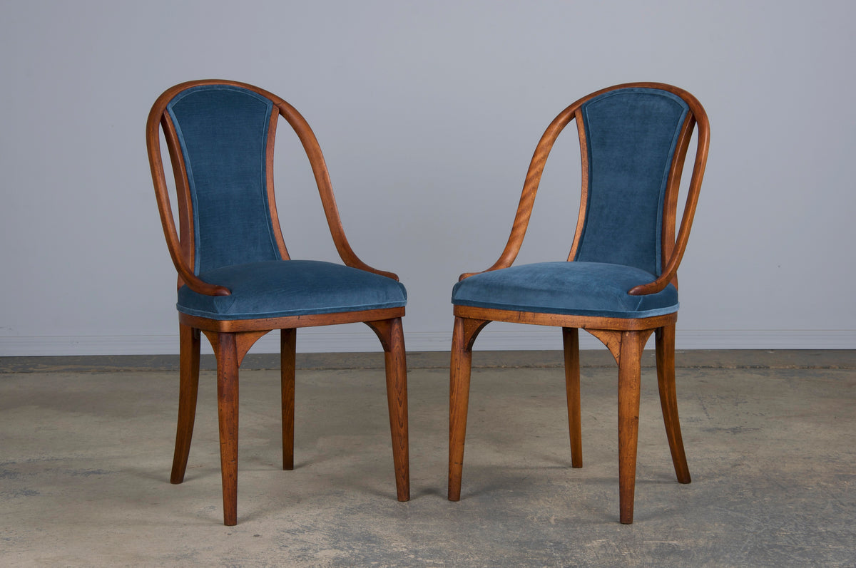 1920s Bentwood Gondola Dining Chairs W/ Blue Velvet by Thonet - Set of 6- Labeled