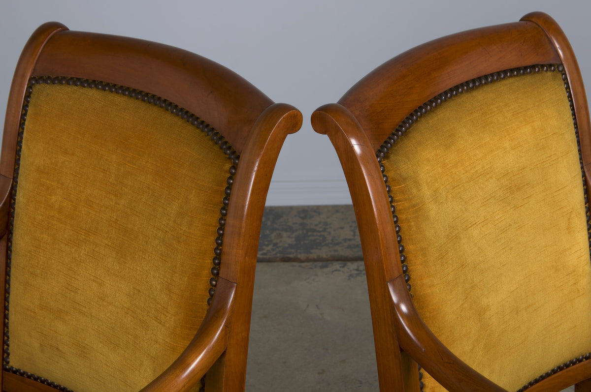 Antique French Louis Philippe Style Walnut Armchairs W/ Golden Yellow Velvet - A Pair