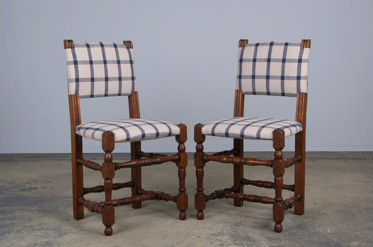 Antique French Louis XIII Style Oak Dining Chairs W/ Plaid Fabric - Set of 6